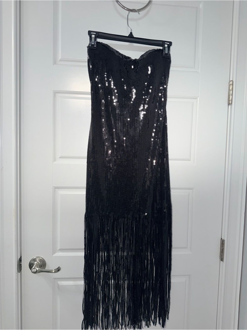 B Darlin Black Sequin Strapless Fringe Evening Dress